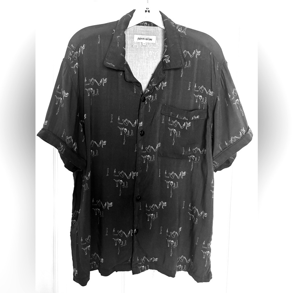 F***ing Awesome FA “I Love You” Short Sleeve Black Button Up Shirt Size: Medium